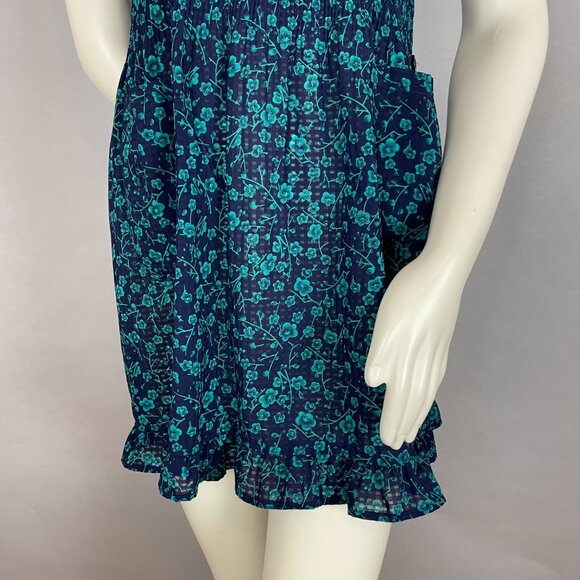 Floral Tunic Top Button-Side Shirred Sleeveless Semi-Sheer Blue Teal Pockets - Picture 7 of 11